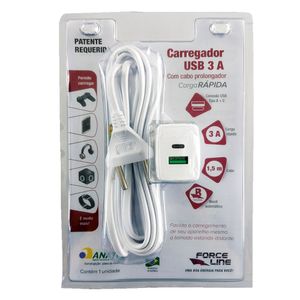 Cabo Prolongador com Tomada USB 3A Branco 1,5Metros Force Line