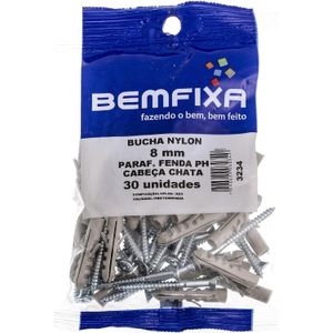 Parafuso Madeira Cabeça Chata com Bucha 8mm 30 Peças Bemfixa